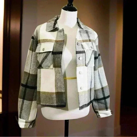 Women Fleece Cropped Jacket Fuzzy Flannel Plaid Sherpa - Picture 3 of 7